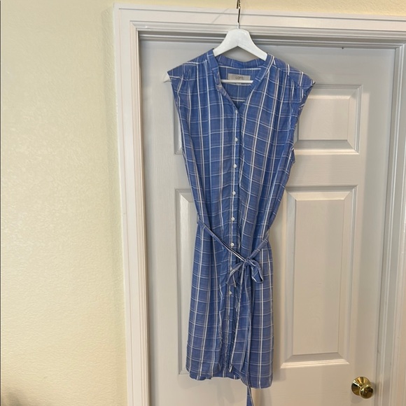 LOFT Light Blue Checkered Sleeveless Dress - Picture 2 of 7